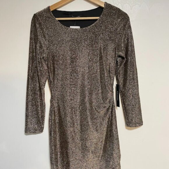 Tahari Metallic Bronze Long-sleeve Women's Ruched Mini Dress Size S NWT - Picture 3 of 12
